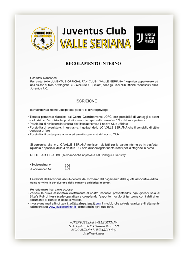 Juventus Club Valle Seriana regolamento interno 2019-2020