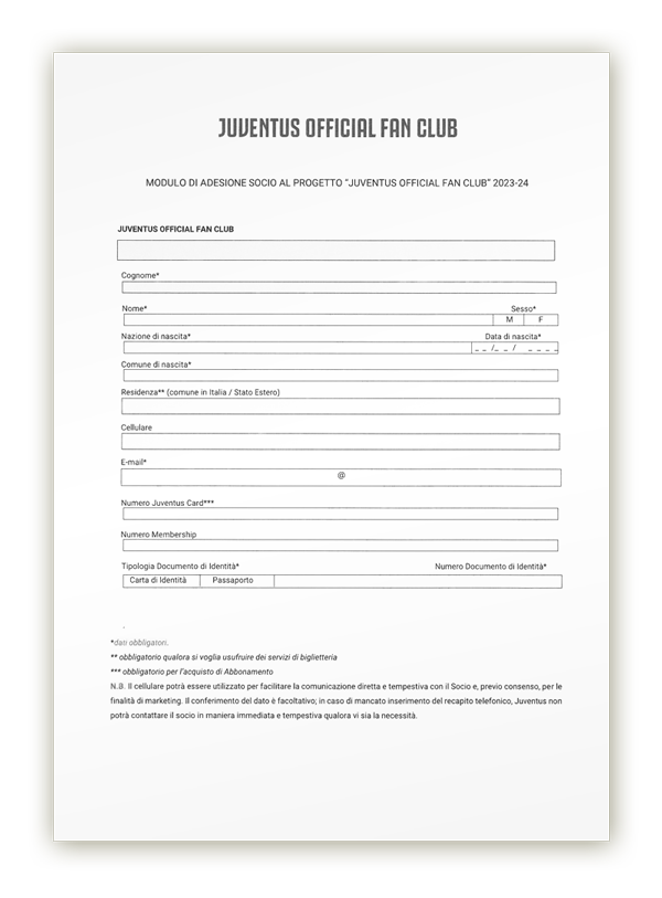 Juventus Club Valle Seriana - Modulo di iscrizione 2019-2020